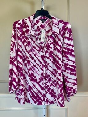 Investments NWT 3X Button Down Blouse Top Shirt Purple White Abstract Colorful